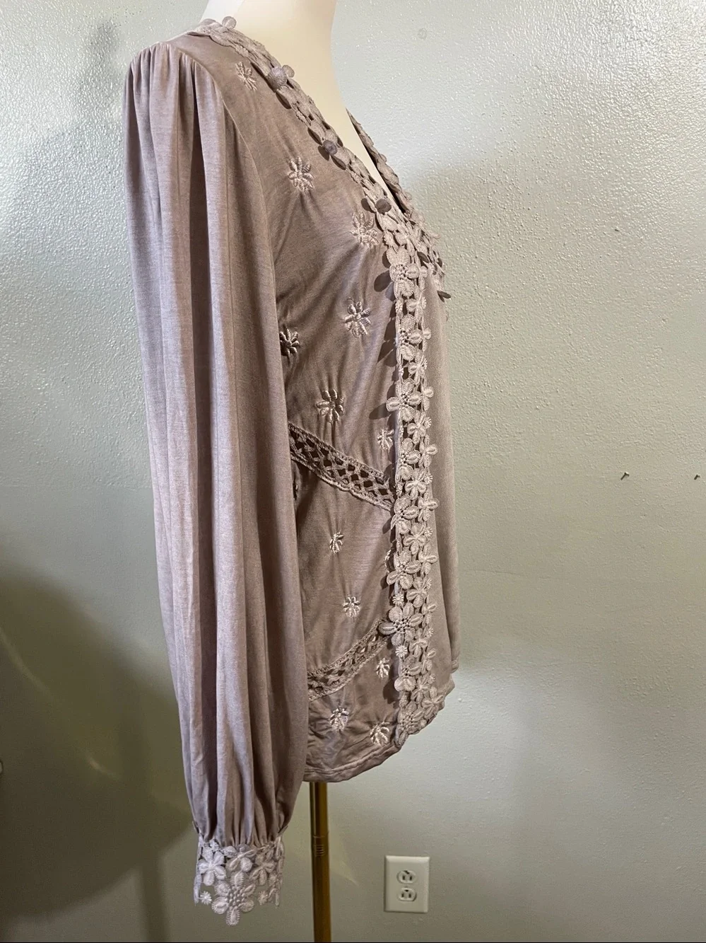 Boho Romantic Floral Appliqué Peasant Blouse Embroidered Mauve Knit Top POL Sm